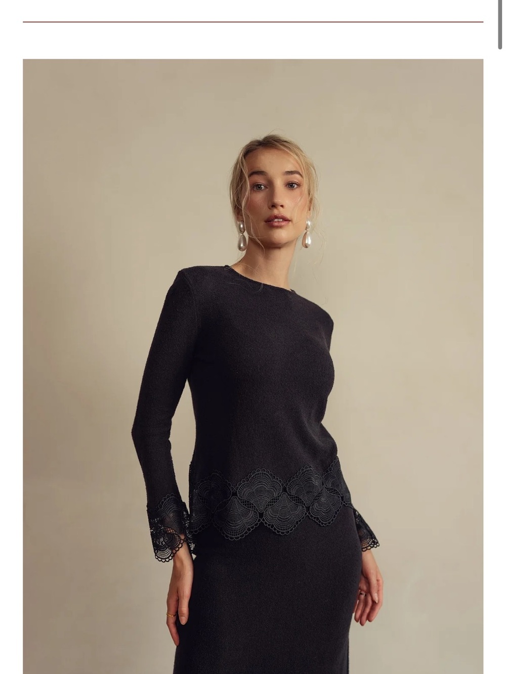 Black Lace-Hem Long Sleeve Top